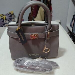 Bebe Gray Taupe Top-Handle Satchel with Gold Hardware And crossbody Strap
